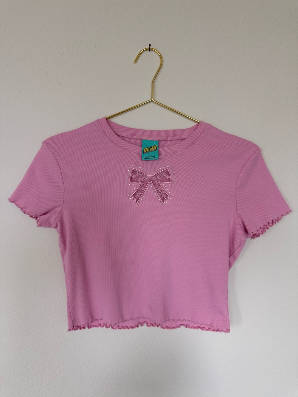 ALAB Pink Lace Bow Rhinestone Baby Tee Y2K Coquette L